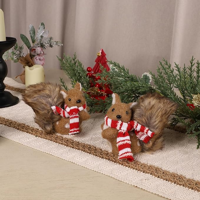 winemana Christmas Squirrel Table Decor, Set of 2 Squirrel Ornaments Woodland Animals Figurine with Scarf Christmas Winter Holiday Decorations for Indoor Home Mantle Office Xmas Gifts