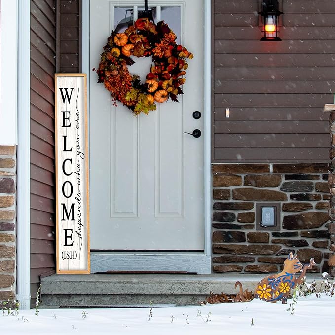 Welcome-ish Sign for Front Porch Standing 45"X9" Large Farmhouse Outdoor Wood Framed Home Vertical Tall Funny Large Welcome Sign For Rustic Modern Outside Front Door Wall Decor (Wood White)