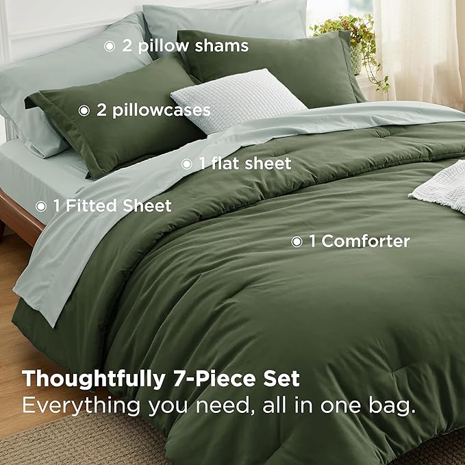 Bedsure King Size Comforter Set - 7 Pieces Olive Green King Bedding Set for All Seasons, Boho Contrasting Design Bed in a Bag with Comforter, Sheets, Pillowcases & Shams