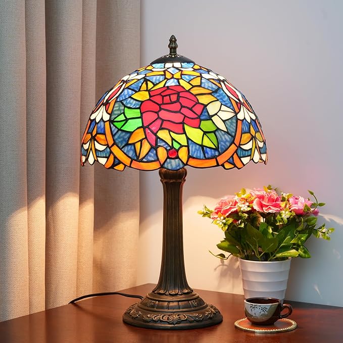 Tiffany Lamp 12 Inch Tiffany Style Red Rose Retro Bedside Lamp Stained Glass Table Lamp Suitable For Bedrooms Hotels Restaurants Dormitories Vintage Antiques Home Decoration Art And Craft Gifts