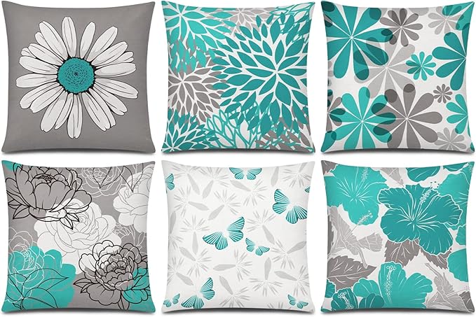 COMMINY Teal Grey Pillow Covers 18x18 Set of 6 Decorative Daisy Flower Throw Pillow Cover for Couch Modern Turquoise Pillow Case for Patio Living Room Cushion Bed Farmhouse Home Decor