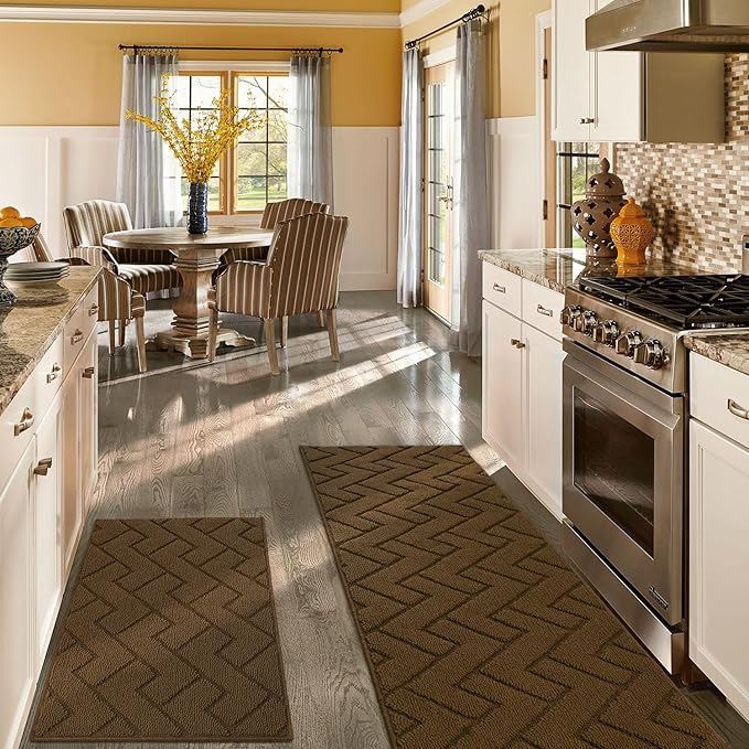 Kitchen Rugs and Mats Sets,2 Pieces Polypropylene Non-Slip Super Absorbent Rug,Soft Comfort Floor Mat,Machine Wash for Kitchen,Hallway,Office,Sink,Laundry(20" x 31.5" Plus 20" x 59",Dark Brown)