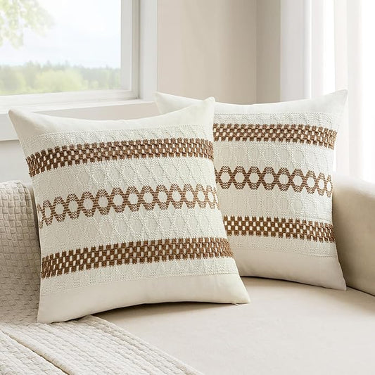 MIULEE Set of 2 Coco Brown Boho Decorative Pillow Covers 18x18 Inch Farmhouse Rustic Couch Throw Pillows Modern Spring Cotton Cushion Covers Retro Cute Macrame Woven Home Decor for Bed Sofa Chair
