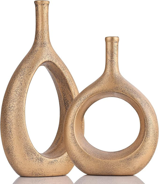 Gold Ceramic Hollow Elliptical Vase Set of 2 - Boho Circle Vase with Hole, for Modern Gold Table Decor, Living Room Decor Shelf mid Century Modern Home Entrance Decorative vase