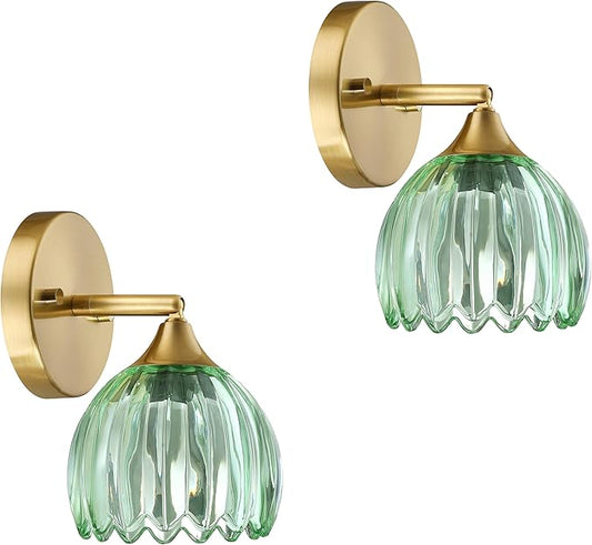 2 Pack 1 Light Vintage Wall Sconces Tulip Green Glass Lampshade Hradwired Modern Gold Wall Lighting Fixture for Bedside Bedroom Doorway