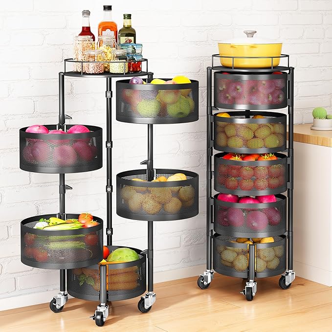 SNTD Fruit and Vegetable Basket Bowls for Kitchen with Metal Top Lid, 5 Tier Rotating Storage Rack Cart for Potato Onion Bread Banana, Wire Basket Organizer on Wheels, Large, Black