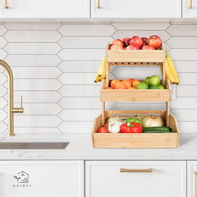 3-Tier Bamboo Fruit Basket – Transforms To 2-Tier | 2 Banana Hooks Included – 14" W x 12.5" L x 19" H – Fruit Holder for Kitchen Countertop - Fruits & Vegetable Storage – Large Capacity Shelf