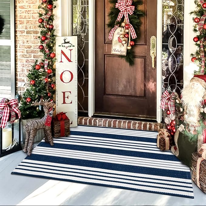 OJIA Blue and White Outdoor Rug 3’x5‘ Cotton Woven Fall Striped Front Porch Rug Machine Washable Indoor Outdoor Rugs Farmhouse Entry Rug Layered Door Mat for Entryway/Kitchen/Laundry/Living Room