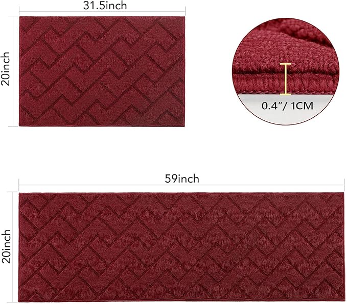 hicorfe Kitchen Rugs and Mats Sets,2 Pieces Super Absorbent Polypropylene Non-Slip Rug,Soft Comfort Floor Mat,Machine Wash for Kitchen,Hallway,Office,Sink,Laundry(20" x 31.5" Plus 20" x 48",Red