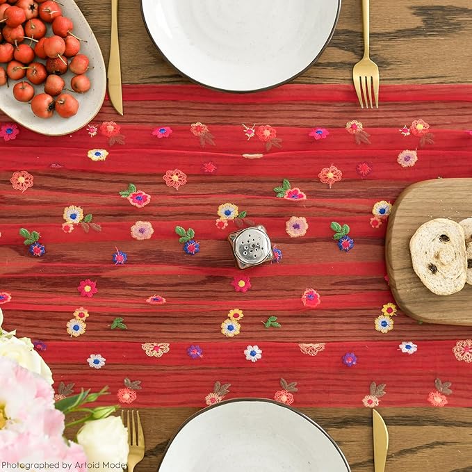 Artoid Mode Red Embroidery Daisy Gauze Table Runner 120 Inch 10FT, Seasonal Sheer Kitchen Dining Holiday Wedding Birthday Table Decor for Home Party