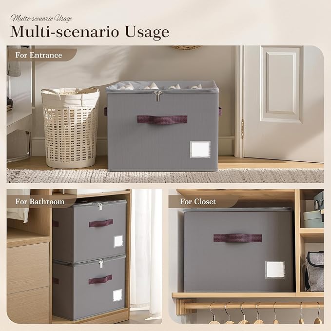 Criusia Shoe Organizer for Closet, 3 Pack Shoe Organizer with Transparent Cover and Sturdy Handles, Closet Shoe Storage for Sneakers Sandals Slippers, Fit 12-16 Pairs, Gray