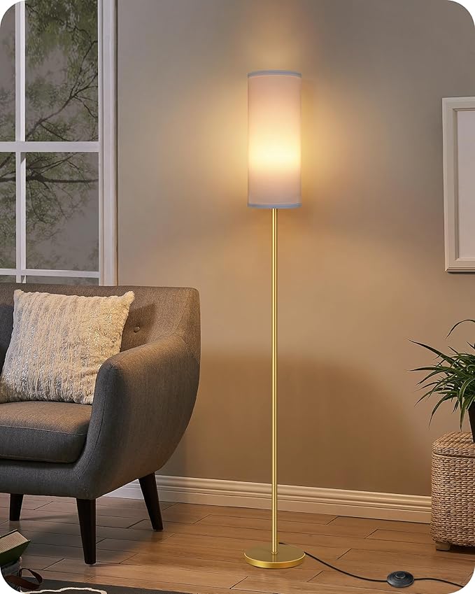 Dimmable Floor Lamp for Living Room with Remote and Foot Switch, Corner Floor Lamp, 64.4'' Standing Tall Lamp, 10W 900LM LED Bulb Included, 3000K-6500K, Linen Shade, Gold White, FCC Listed DCW06LD05W1