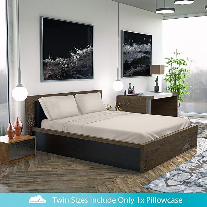 DREAMCARE Full Size Sheets Set - 6 Pcs Deep Pocket Cooling Bed Sheets - Soft, Long Lasting 100% Brushed Microfiber with Side Pocket (Beige, Full)