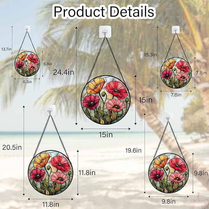 Stained Glass Suncatcher, Red Orange Poppy Flowers Sun Catcher Silver Background Wildflowers Window Hanging Decor Christmas Mother Birthday Gifts for Women Men Mom Nana 7.8 in