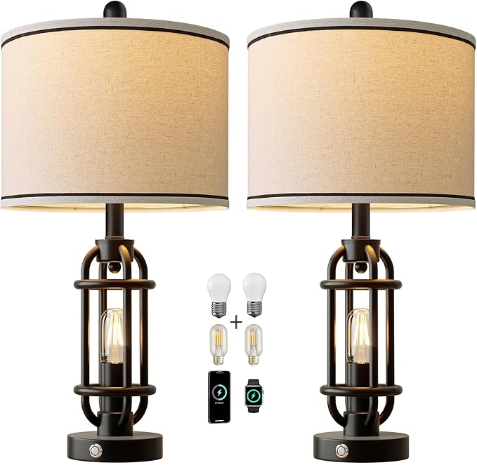 24'' Table Lamps for Living Room Bedroom Set of 2 Industrial Touch Lamp with USB A+C Ports, Night Light Farmhouse Vintage Nightstand Bedside Lamps for Night Stands Metal Black, Bulbs Included