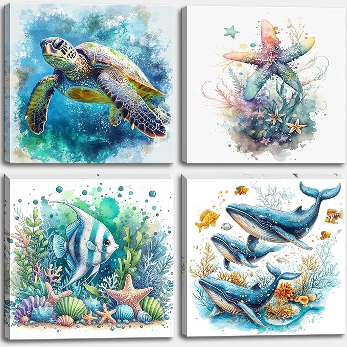 dgbtcart Ocean Wall Art Bathroom Decor โ Watercolor Sea Turtle, Starfish Whale Canvas Prints โ Coastal Beach Themed 4-Piece Set, 16x16 Modern Nautical Painting for Home, Bedroom, Kids Room