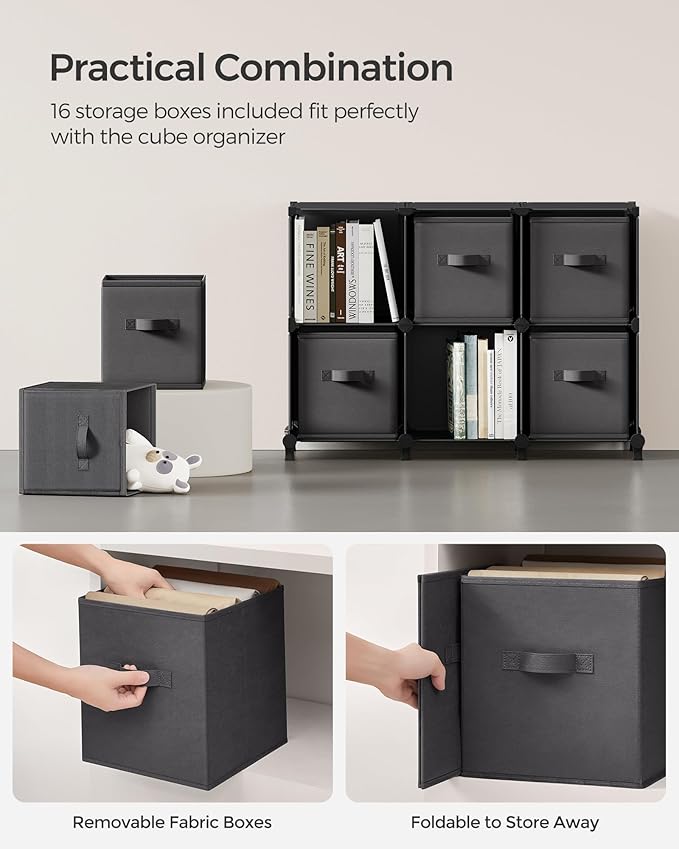 SONGMICS Cube Storage Organizer with Storage Boxes, Set of 16-Cube Organizer, 16 Collapsible Non-Woven Fabric Bins, Customizable, Bedroom, Living Room, Ink Black and Dove Gray ULPC162B01