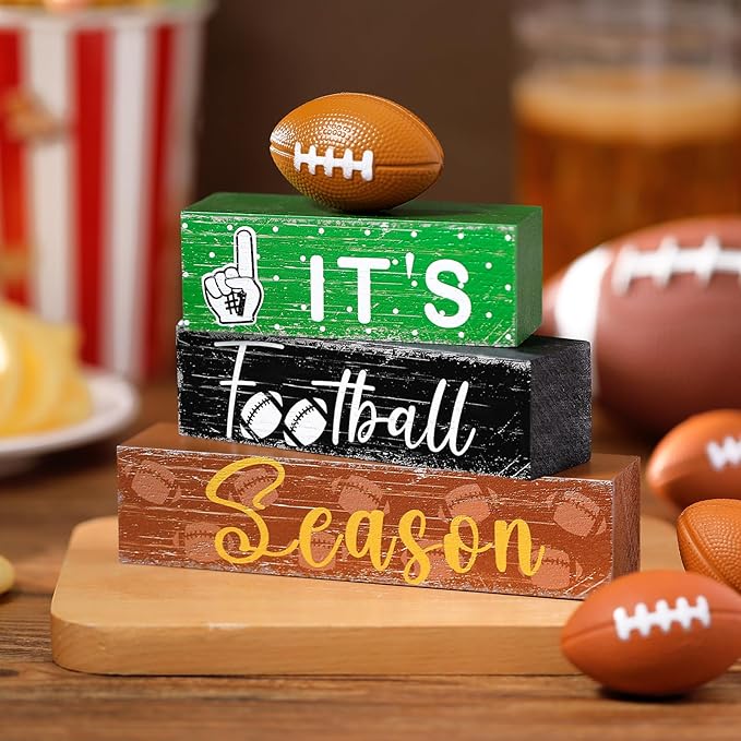 Geelin 4 Pcs Football Table Decorations Fall Football Tiered Tray Decor Wooden Sign Centerpiece Decorative Faux Book Stack Block for Coffee Table Fireplace Mantel Floating Shelf