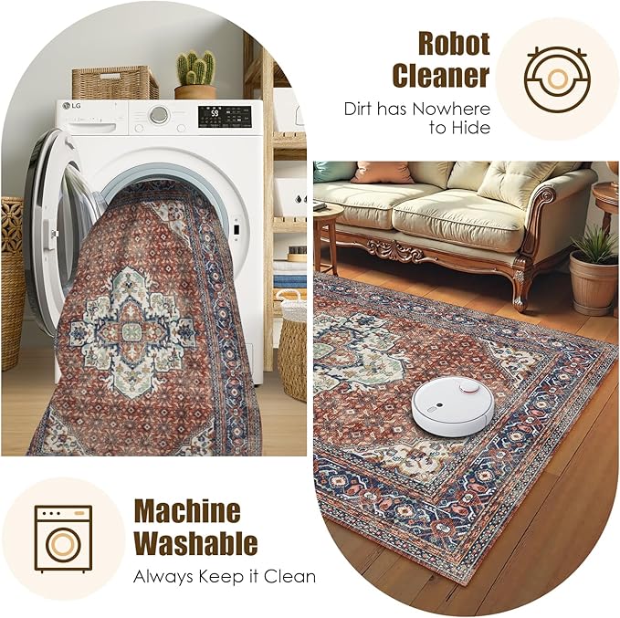 Washable Area Rug 4' x 6' Vintage Traditional Persian Mat - Foldable Distressed Non-Slip Machine Washable Carpet for Living Room Bedroom Kitchen Home Decor - Terracotta and Navy