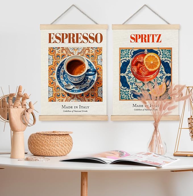 Yomisex Italian Kitchen and Bar Wall Art Poster, Italian Traditional Cocktail Coffee Canvas Prints Wall Art Framed for Kitchen Cafe Coffee Bar Pub, 12x16 Inch Set of 2
