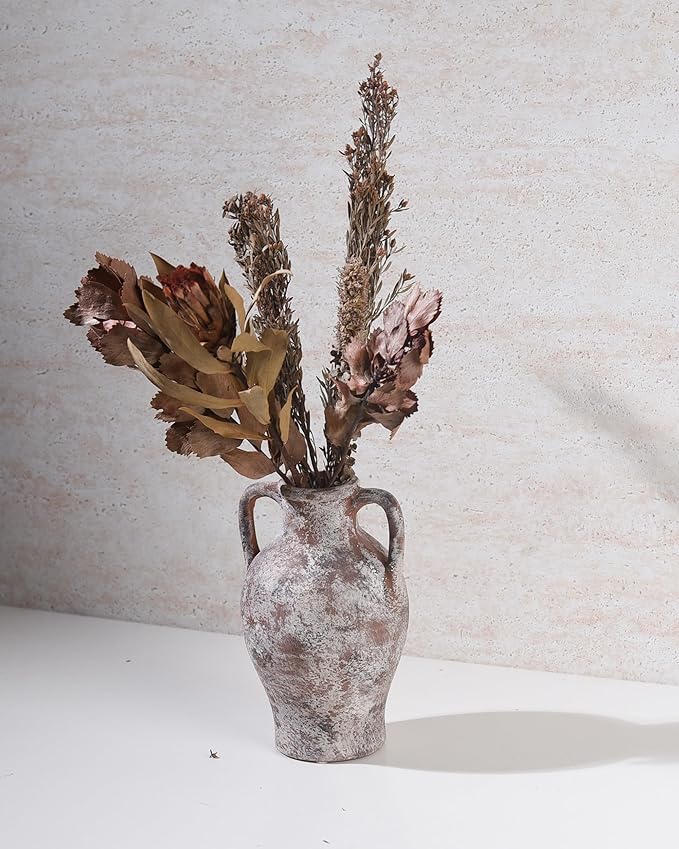 Ceramic Vase Set of 3, Handmade Rustic Farmhouse Vases with Handles, Glazed Interior, Aged Terracotta Finish, Boho Home Decor for Table, Shelf, Mantel, Flower Arrangement