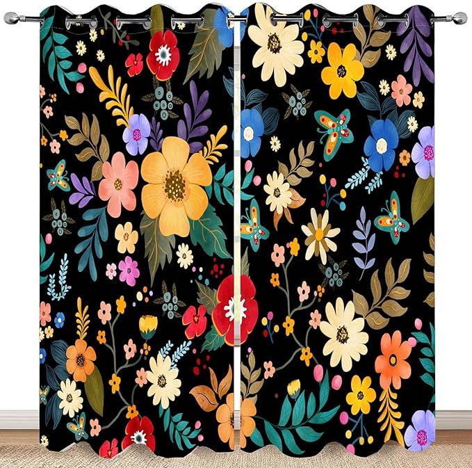Colorful Flowers Floral Curtain Boho Pile Flowers Halloween Spring Summer Decor Women Girls Wife Mom Kids Bedroom Nursery Kitchen Dining Living Room Darkening Grommet Window Drapes 2 Panels, 52"x63"