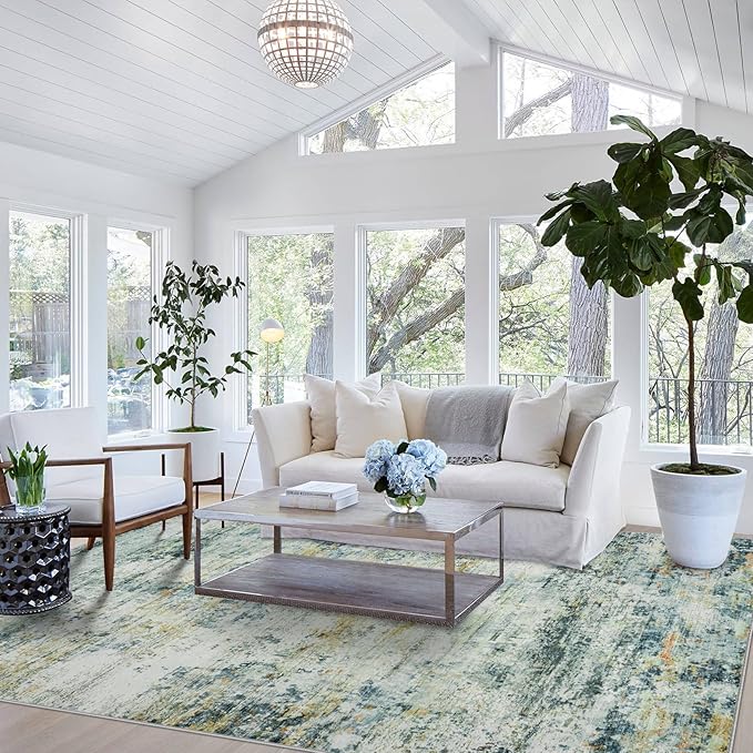 Area Rugs 9x12 Living Room: Large Machine Washable Area Rug with Non Slip Backing Non Shedding Abstract Stain Resistant Carpet for Bedroom Dining Room Nursery Home Office - Sage Green/Multi