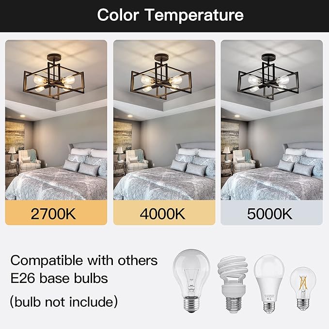 ZGLAOJT 4-Lights Close to Ceiling Light,Black Light Fixture Industrial Flush Mount Ceiling Light ,Farmhouse Chandelier Lighting for Kitchen Island Dining Room Bedroom Foyer Hallway