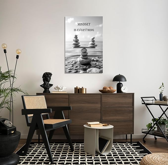YIOZHAOFH Mindset Wall Art for Zen Office Inspirational Pictures Wall Decor Motivational Quotes Canvas Art Black and White Landscape Nature Print Poster Painting Framed for Meditation Spa Room Bedroom (28L x 44W)
