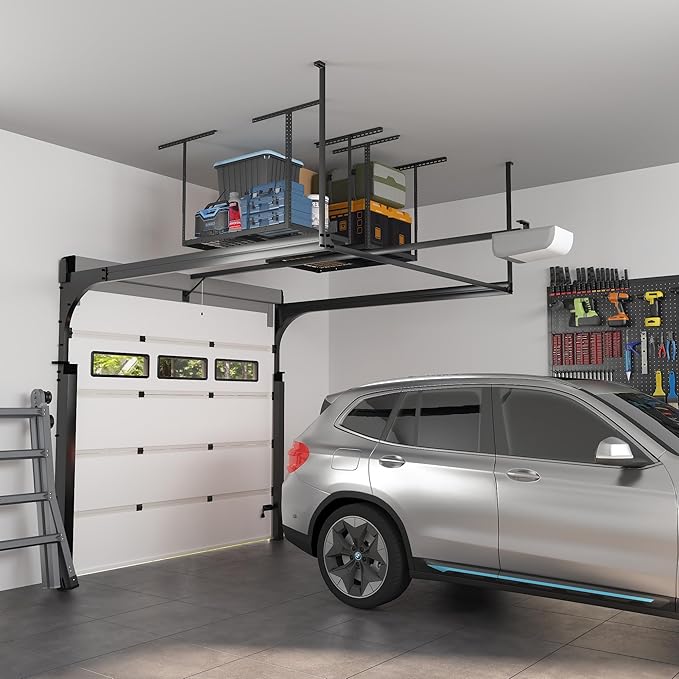 FLEXIMOUNTS 2x3 Overhead Garage Storage Rack, Adjustable Organization System, Heavy-Duty Metal Ceiling Racks, 155lbs Weight Capacity, Black