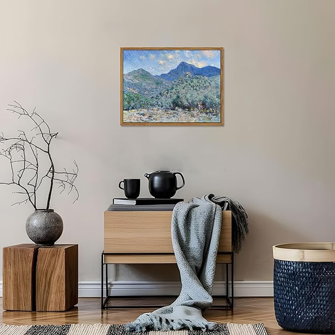 Vintage Framed Monet Wall Art – Impressionist Blue Green Forest Oil Painting Canvas Prints – Tranquil Nature Hillside Landscape Aesthetic Wall Decor for Living Room Bedroom Bathroom – 16"x24"