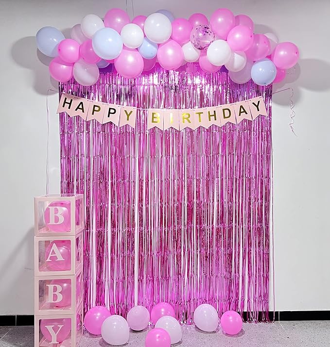 Pink Foil Fringe Curtains Tinsel Backdrop, Melsan 3.2 x 8 ft Metallic Tinsel Curtains Party Decorations for Baby Shower,Babbie, Mermaid Themed Birthday Party Backdrop - Pack of 2