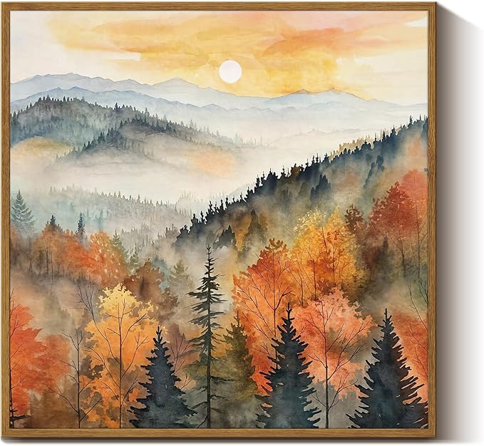 InSimSea Square Framed Canvas Wall Art, Farmhouse Nature Scenery Quiet Forest Awakening Wall Art Prints, Autumn Fall Classical Retro Home Decor for Living Room Bedroom Office 16"x16"