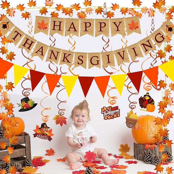 Happy Thanksgiving Burlap Banner Paper Triangular Bunting Maple Leaf Pumpkin Turkey Garland for Thanksgiving Day Welcome Autumn harvest Party Decorations