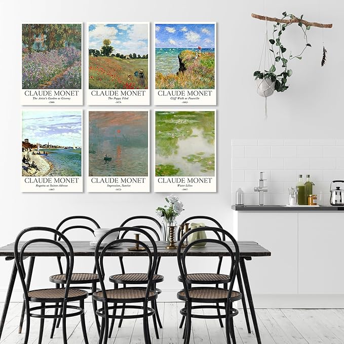 COSCTOR Set of 6 Claude Monet Wall Art Decor Canvas Vintage Famous Artist Retro Landscape Colorful Posters and Prints for Living Room Bathroom Bedroom Hallway Kitchen (Framed, 12x16)