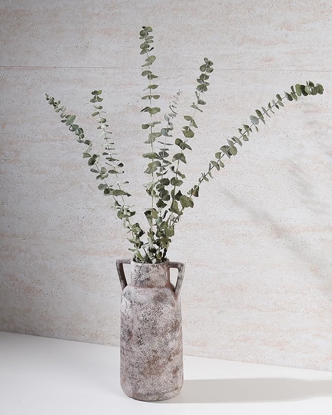 Ceramic Vase Set of 3, Handmade Rustic Farmhouse Vases with Handles, Glazed Interior, Aged Terracotta Finish, Boho Home Decor for Table, Shelf, Mantel, Flower Arrangement