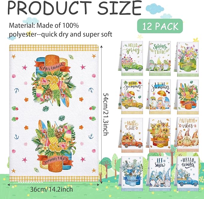 12 Pcs Seasonal Kitchen Towels Set for All Holidays Hand Dish Tea Towels Fall Halloween Christmas Cute Drying Dishcloths Decorative Absorbent Wash Cloths(Seasonal Style)