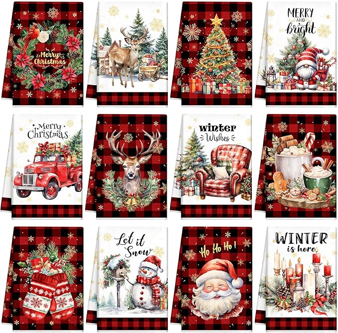 12 Pcs Christmas Kitchen Towels and Dishcloths Absorbent Christmas Tree Reindeer Truck Hand Dish Towels Decoration for Xmas Home Gift Supplies, 14.2 x 21.3 Inch(Fresh Style)