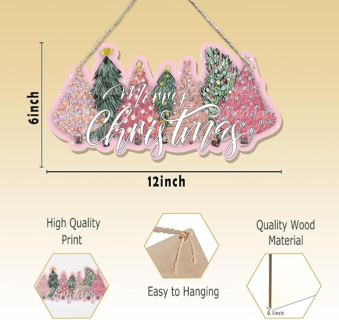 CGBHW Pink and Green Christmas Tree Wooden Sign, Merry Christmas Decoration Hanging Sign Wall Decor, Pink Christmas Holidays Theme for Home Office Girls College Dorm Door Decor 12 x 6 Inch