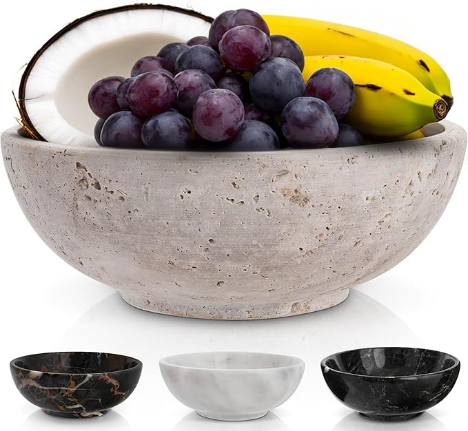 Gusto Nostro 8" Decorative Travertine Bowl for Coffee Table - Elegant Centerpiece, Aesthetic Fruit Bowl for Kitchen Counter - Heavy Stone Entryway Catch all, Jewelry, Potpourri - Travertine Decor