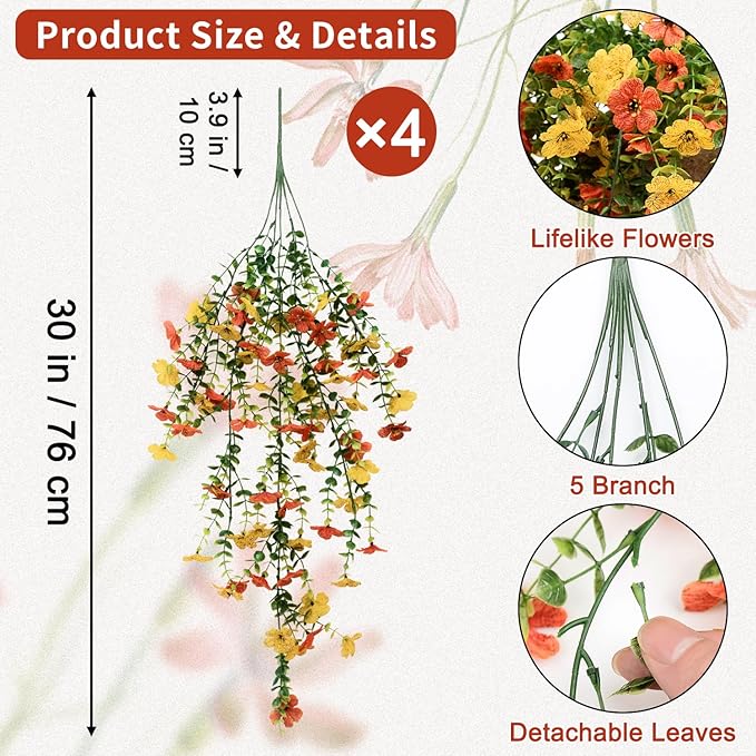 4 Pcs Artificial Hanging Flowers for Outdoor Decor, Fake Hanging Plants UV Resistant Realistic Yellow Orange Fake Hanging Flowers for Outside Garden Porch Spring Summer Decor