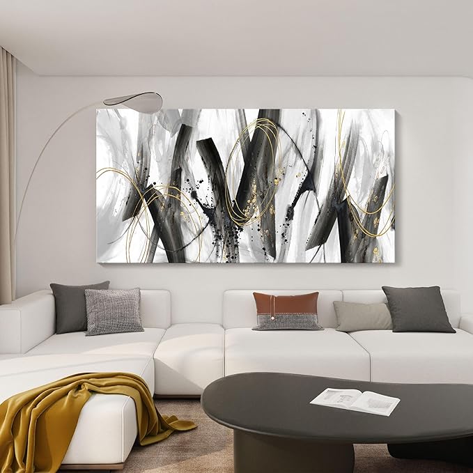Large Modern Wall Art for Living Room, Bedroom, Office - Black and Gold Wall Pictures Abstract Paintings, Artwork - Black and White Wall Decor, Grey Tone29×58IN
