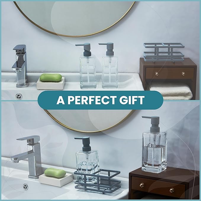 Square 3 Piece Glass Clear Lotion and Soap Pump Dispenser Set with Metal Stand Caddy for Bathroom Bath Kitchen Home Office Travel Hotel Hand Crafted Heavy Weight Spa Blue