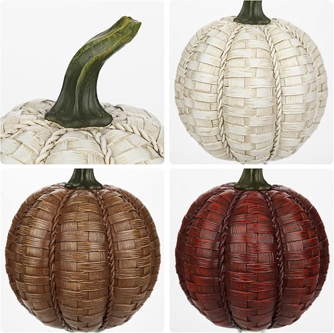 Oairse 6 Inch Large Artificial Pumpkins, 3 Pcs Fall Pumpkin Decor Beige Dark Red Brown Faux Resin Pumpkins Woven Pumpkin Centerpiece for Rustic Farmhouse Fall Thanksgiving Autumn Harvest Table Decor