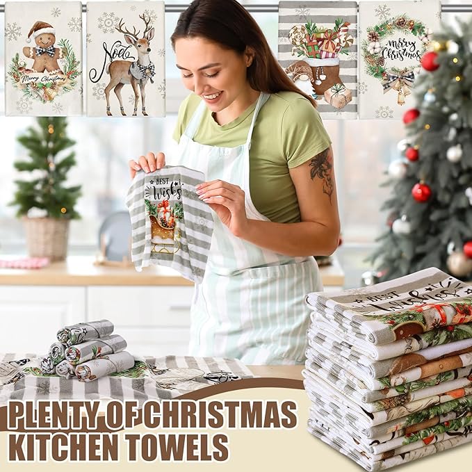 12 Pcs Christmas Kitchen Towels and Dishcloths Absorbent Christmas Tree Reindeer Truck Hand Dish Towels Decoration for Xmas Home Gift Supplies, 14.2 x 21.3 Inch(Stripe Style)