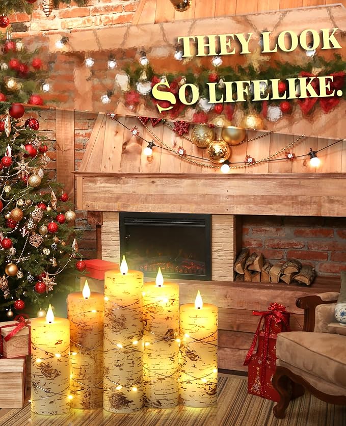 Da by LED Candles Hand Painted Birch Bark Recessed String Candles Set of 5 (Heights: 4", 5", 6", 7", 8") Battery Powered with Dancing LED Flame