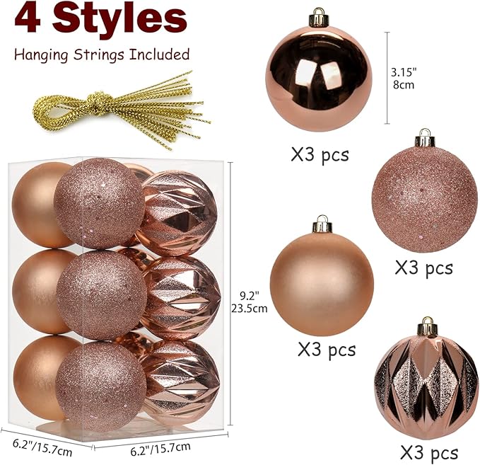 12PCS 3.15" Christmas Ball Ornaments Shatterproof Rose Gold Christmas Tree Decorations Xmas Tree Balls Halloween Ornaments Décor