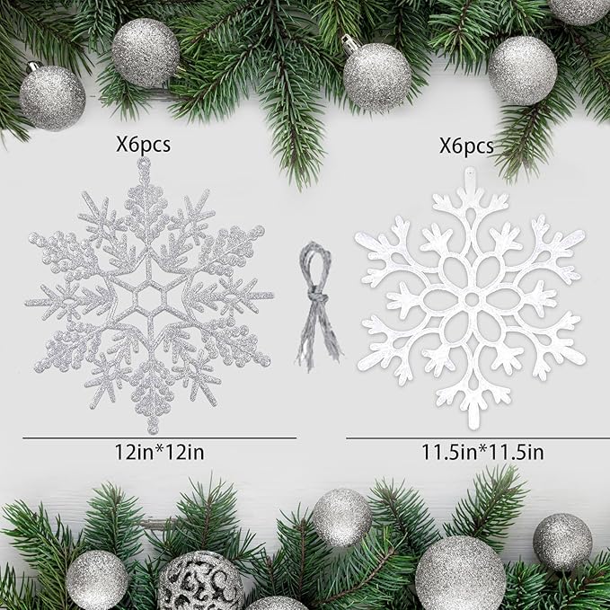 12pcs Large Christmas Snowflakes Decorations, 12" Big Plastic Glitter White Sliver Snowflake Ornaments for Winter Indoor Outdoor Christmas Tree Holiday Window Room Decor Craft Snowflakes
