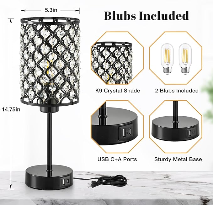 Touch Control Table Lamp, Black Crystal Table Lamps Set of 2 with 2 USB Charging Ports, 3-Way Dimmable Bedside Nightstand Lamps for Living Room, Bedroom, Guest Room, Bulbs Included