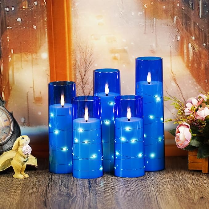 Flameless LED Candles with Timer 5 Pc Flickering Flameless Candles for Romantic Ambiance and Home Decoration Stable Acrylic Shell,with Embedded Star String,Battery Operated Candles(Blue)